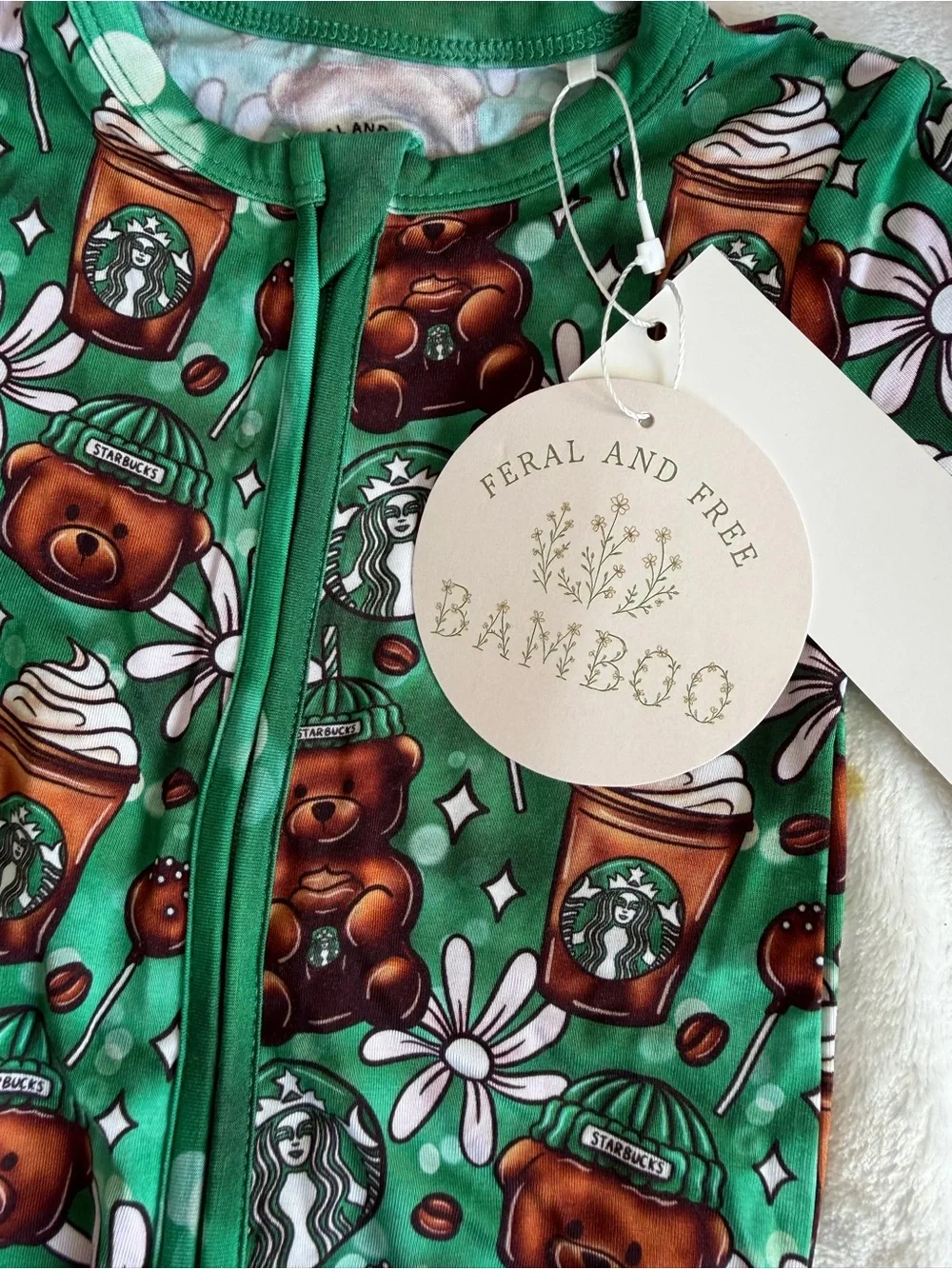 Feral and free Bamboo footies- Starbucks bear- 6-12M